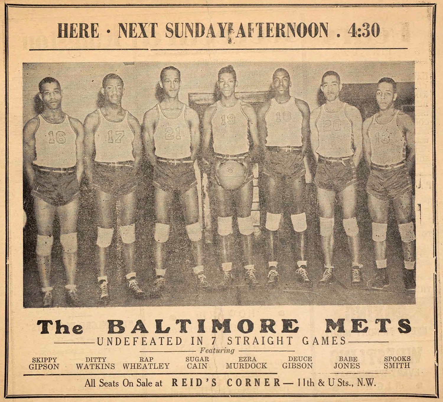 The Baltimore Mets team photo included: Skippy Gipson, Ditty Watkins, Rap Wheatley, Sugar Cain, Ezar Murdock, Duce Gibson, Babe Jones and Spooky Smith.
