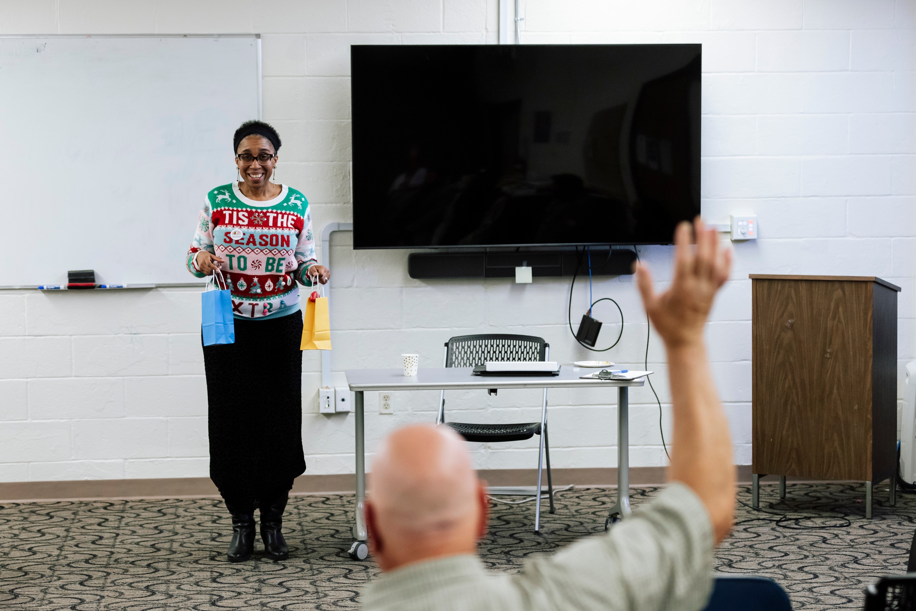 Sharonda Huffman talks to attendees at the kickoff event for her campaign for Baltimore County Council at the Essex Branch of the Baltimore Public Library in December.