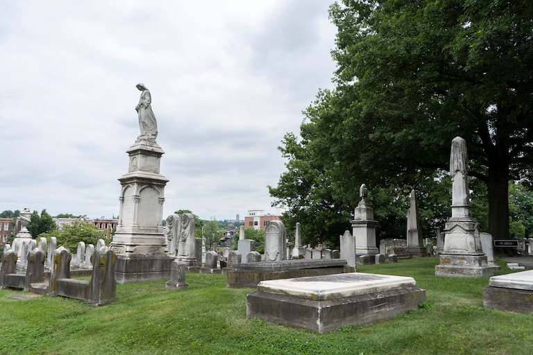 Headstones and other grave markers in Green Mount Cemetery.