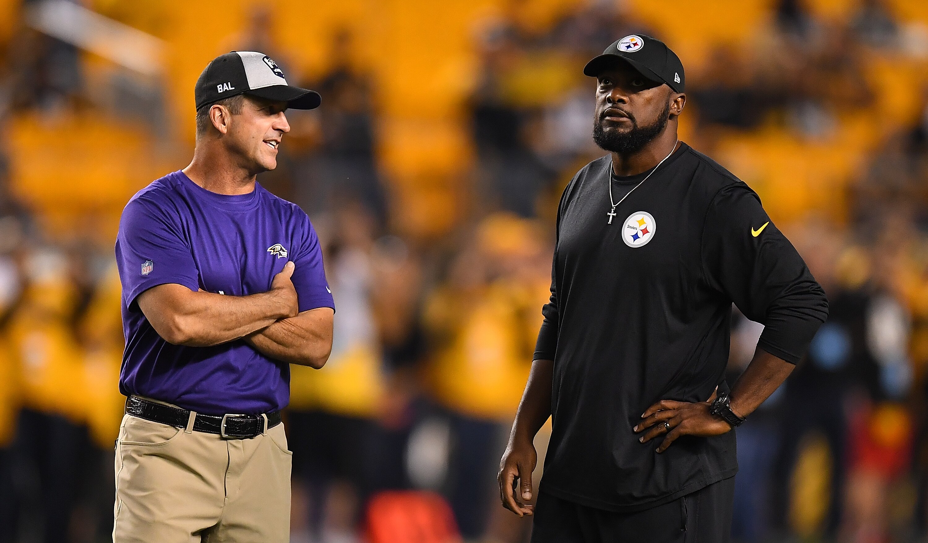 The Ravens' John Harbaugh will coach against the Steelers' Mike Tomlin for the 34th time Sunday.
