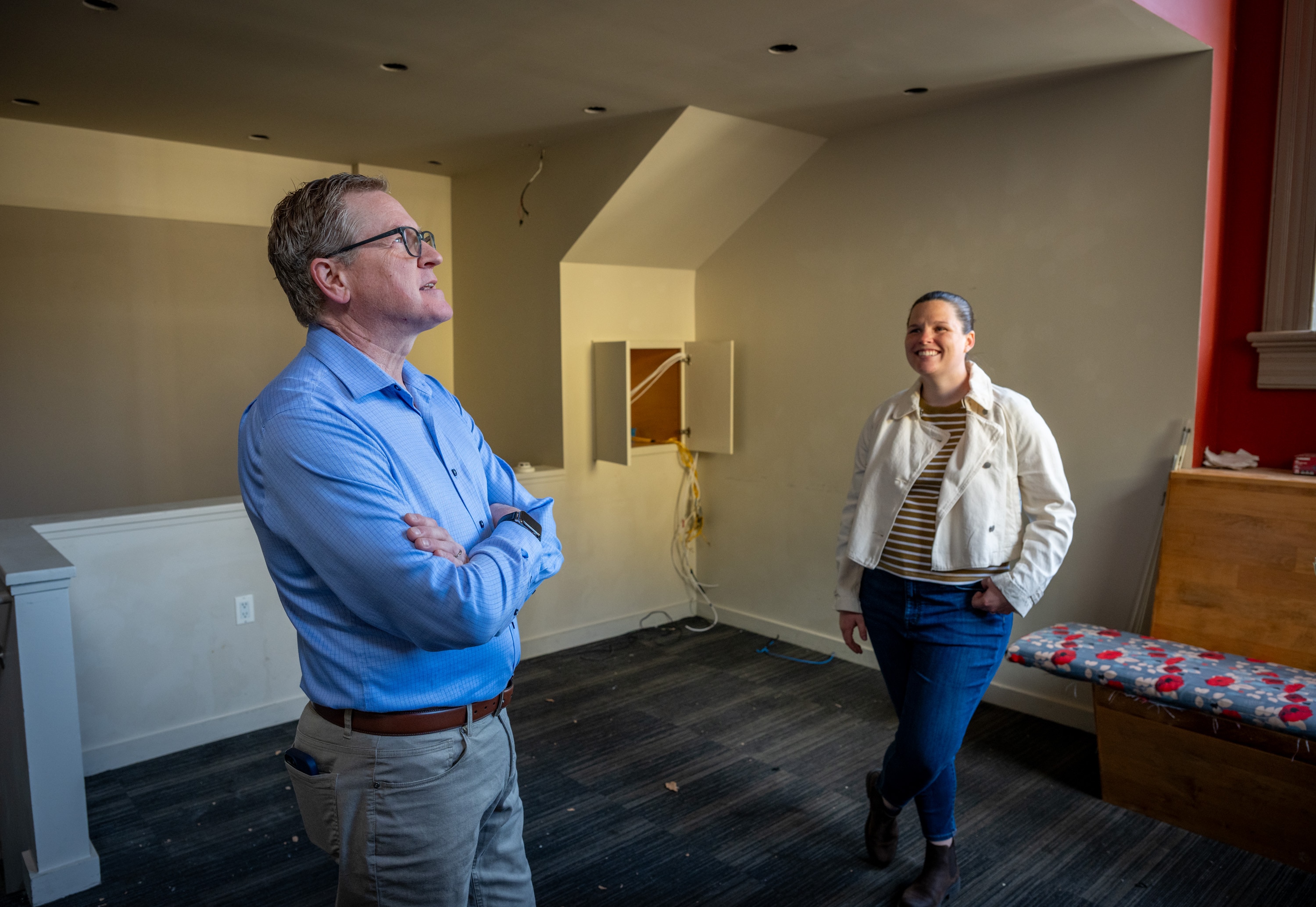 Dave Carney, left, owner of The Wine Bin, is set to open a new cocktail bar and restaurant called Vesper. He and head chef Rachel Bindel describe their vision of the space as it is under construction.