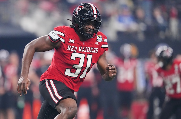 FILE - Texas Tech linebacker David Bailey (31) rushes in during the Big 12 Conference championship NCAA college football game between Texas Tech and BYU Saturday, Dec. 6, 2025, in Arlington, Texas. (AP Photo/Julio Cortez, File)