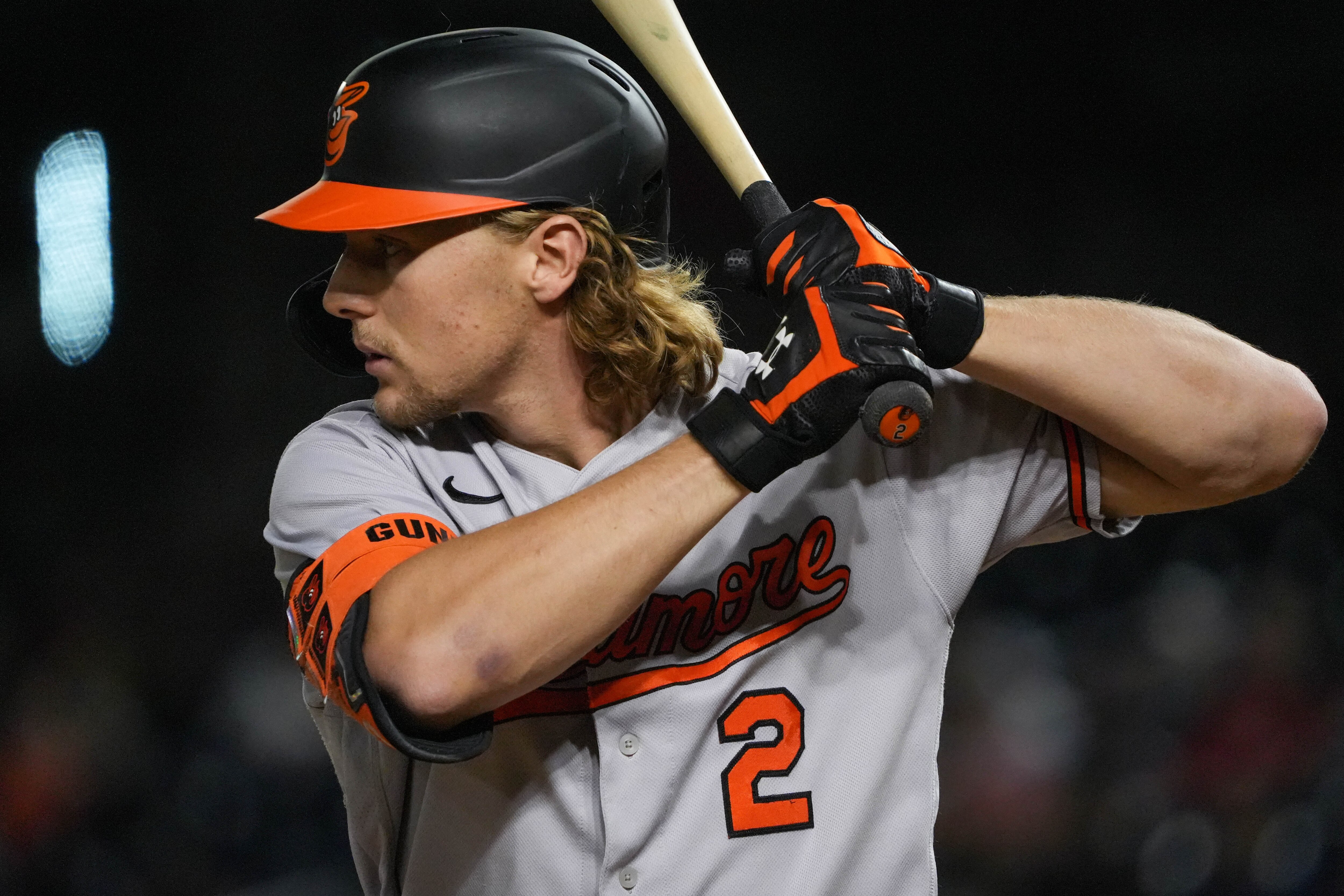 Baltimore Orioles shortstop Gunnar Henderson (2) gets ready to swing in a baseball game against the Washington Nationals at Nationals Park on Wednesday, April 19. The Orioles beat the Nationals, 4-0, to win the 2-game series.