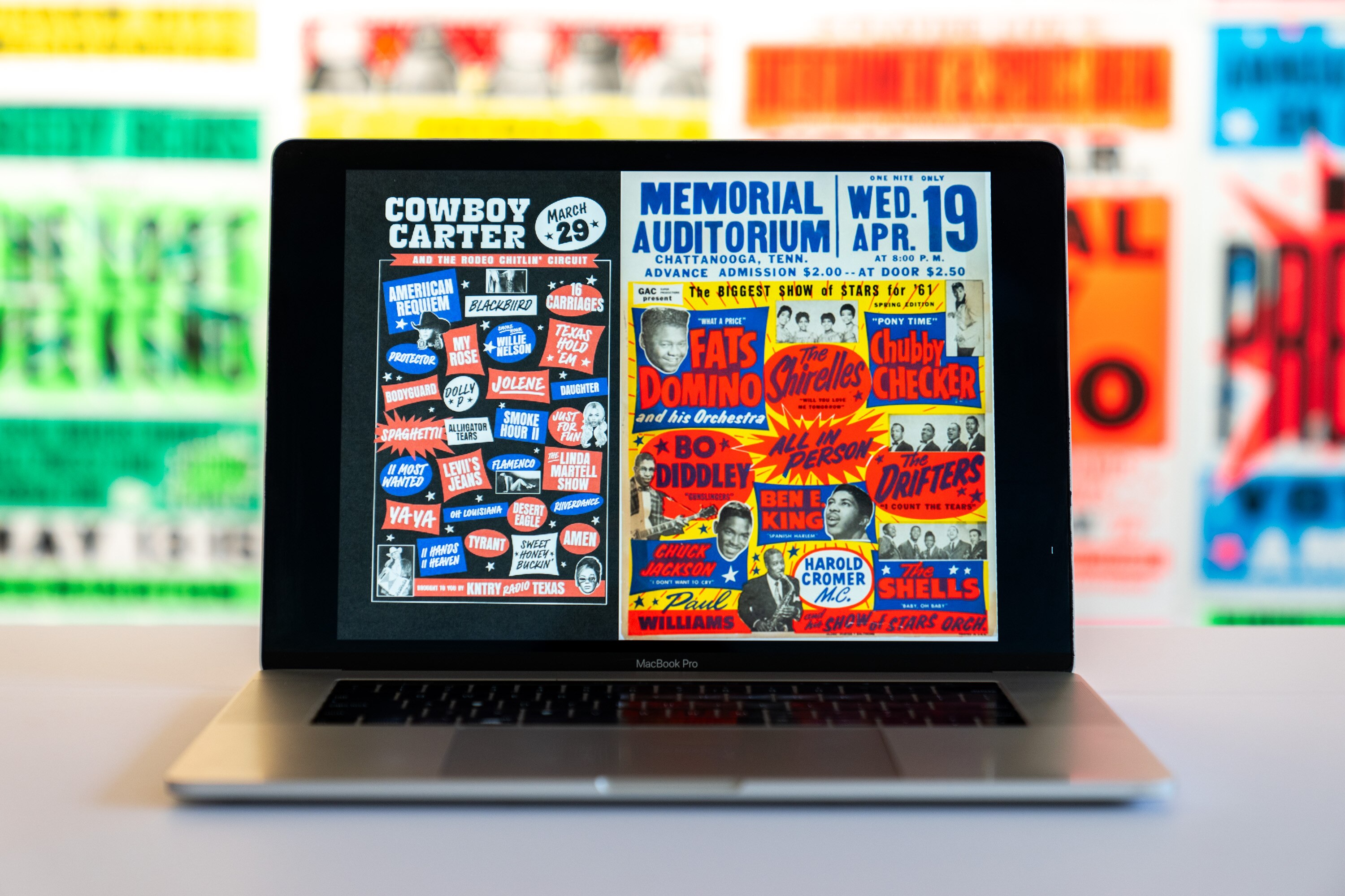 The tracklist poster for Beyoncé’s latest album, “Cowboy Carter,” is seen next to Globe’s “The Biggest Show of Stars for ’61” showcard poster on Tuesday, April 2, 2024.