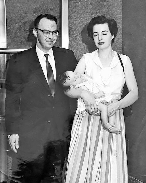 At Emmanuel Meeron's job interview at Stanford. (l. to r.) Emmanuel Meeron, Ruth Meeron. Baby Maia. 1957.