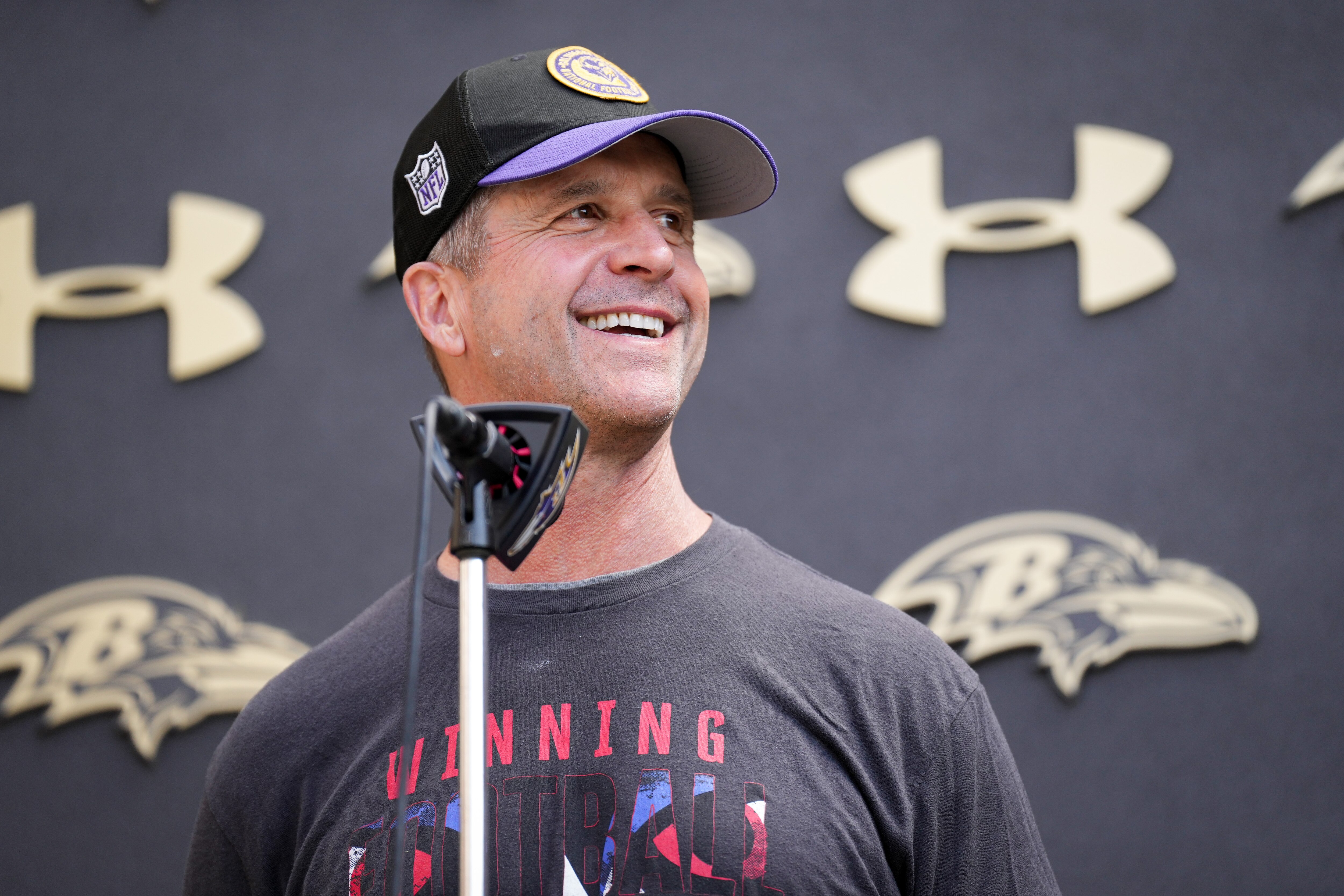 Head Coach John Harbaugh takes questions from reporters following the Baltimore Ravens’ first mandatory minicamp of the year at the Under Armour Performance Center in Owings Mills on June 11, 2024.