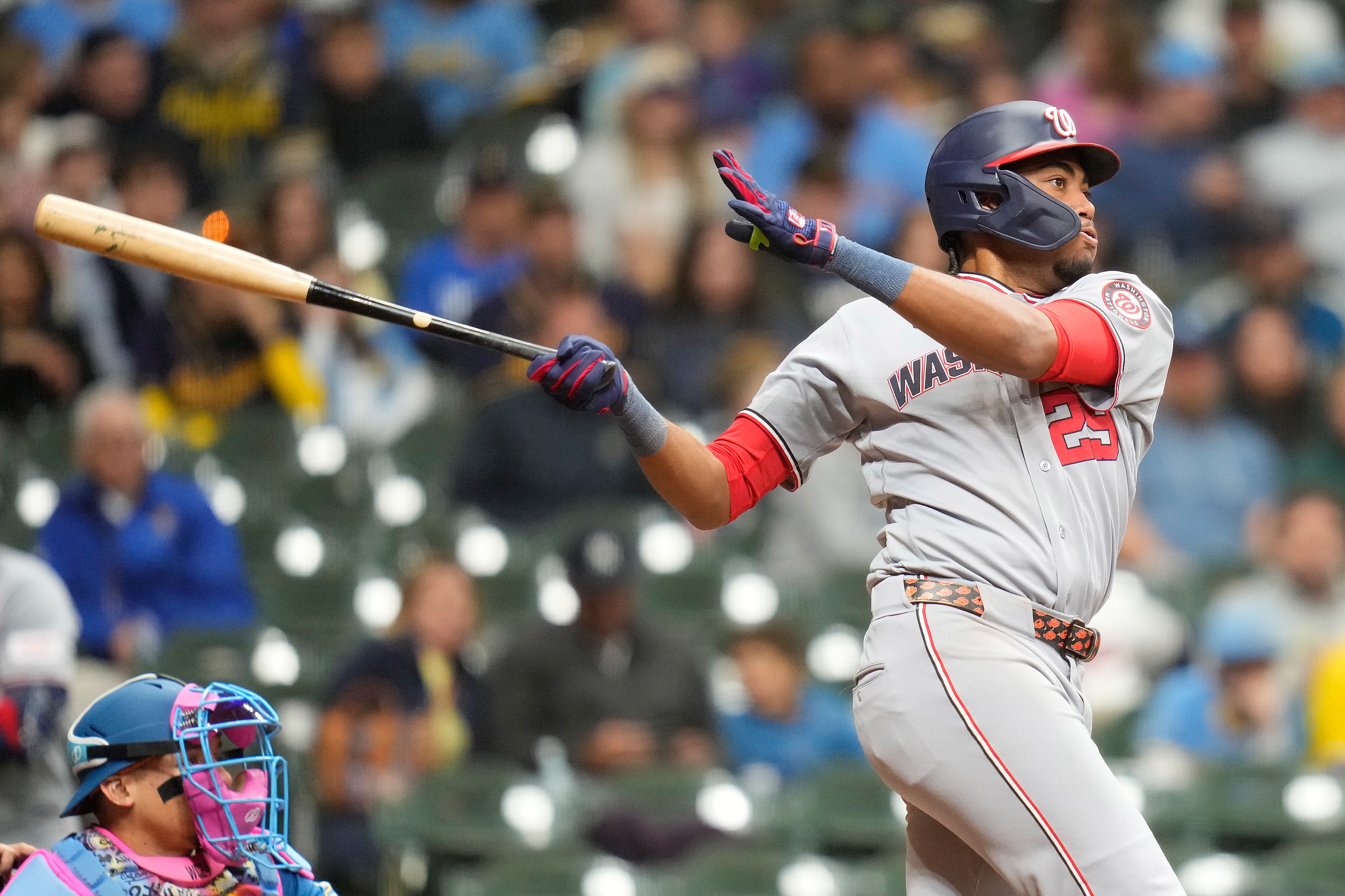 James Wood #29 of the Washington Nationals hits an RBI double in the ninth inning against the Milwaukee Brewers at American Family Field on April 10, 2026 in Milwaukee, Wisconsin.