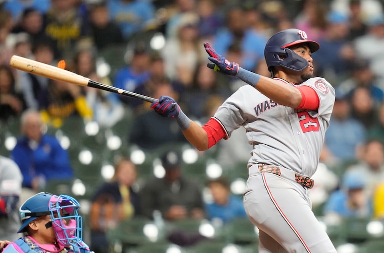 James Wood #29 of the Washington Nationals hits an RBI double in the ninth inning against the Milwaukee Brewers at American Family Field on April 10, 2026 in Milwaukee, Wisconsin.