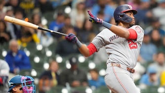 James Wood #29 of the Washington Nationals hits an RBI double in the ninth inning against the Milwaukee Brewers at American Family Field on April 10, 2026 in Milwaukee, Wisconsin.