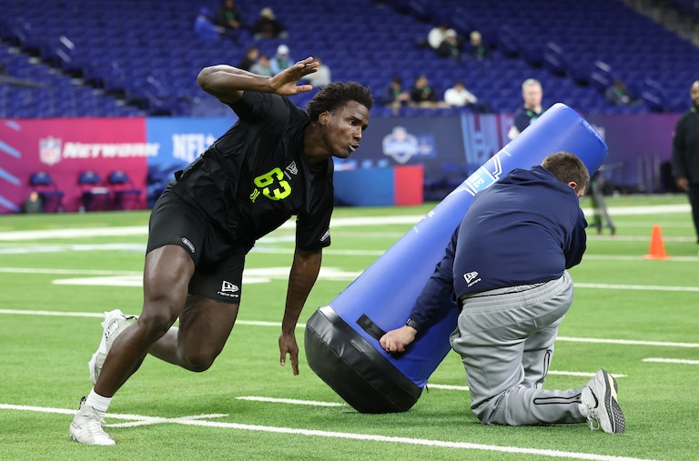 Zion Young of the Missouri Tigers participates in a drill during the 2026 NFL Scouting Combine at Lucas Oil Stadium on February 26, 2026 in Indianapolis, Indiana.