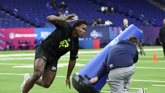 Zion Young of the Missouri Tigers participates in a drill during the 2026 NFL Scouting Combine at Lucas Oil Stadium on February 26, 2026 in Indianapolis, Indiana.