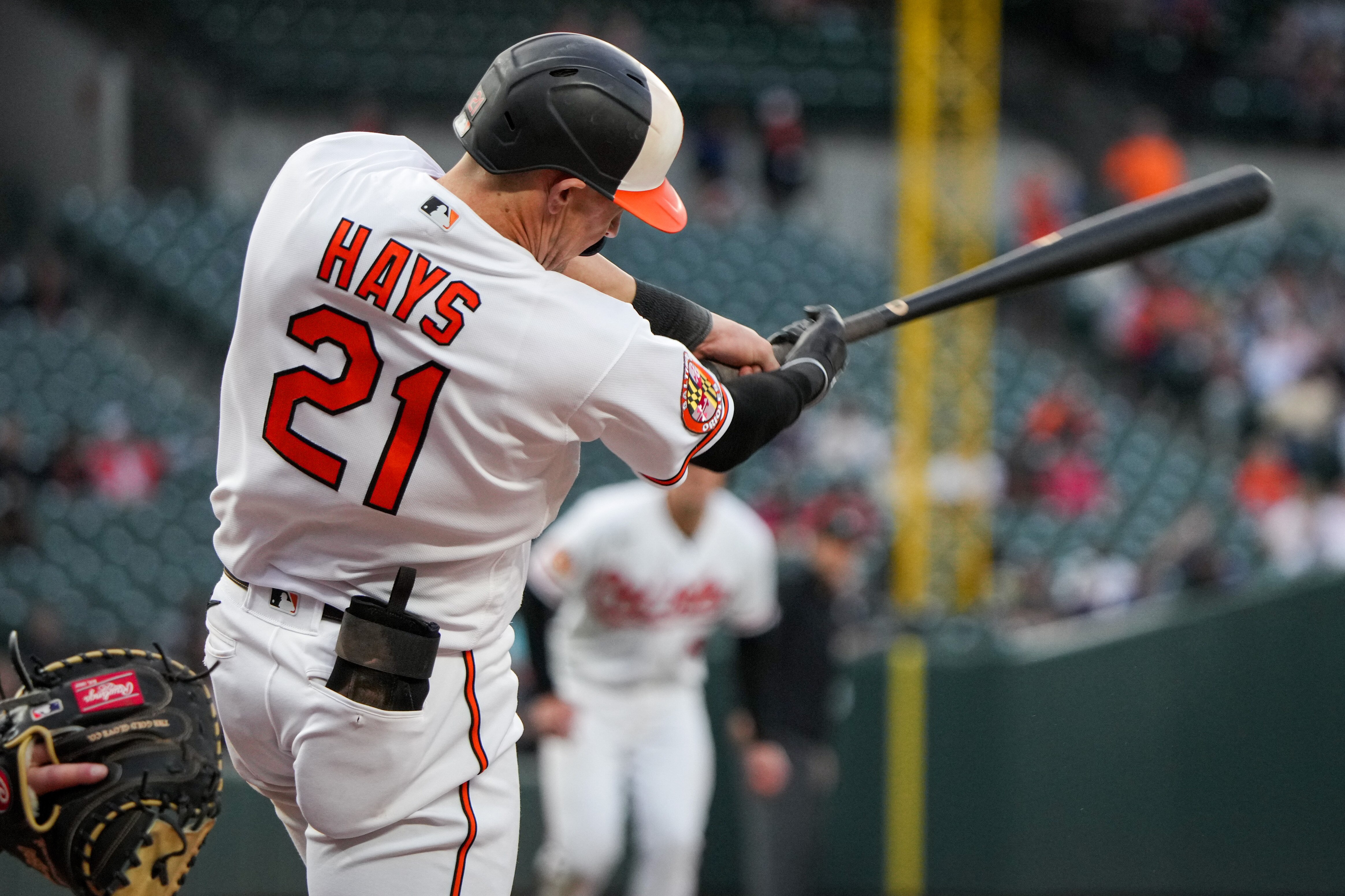 Baltimore Orioles left fielder Austin Hays (21) swings for the ball in a game against the Los Angeles Angels at Camden Yards on Wednesday, May 17. The Orioles won game three of the series, 3-1.