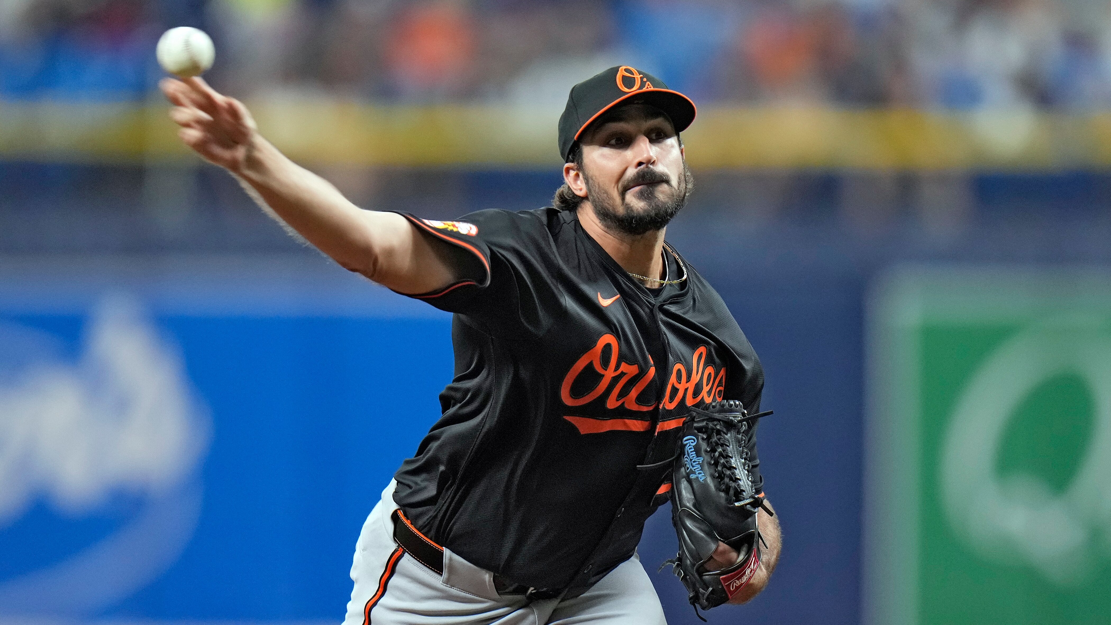 Baltimore Orioles starting pitcher Zach Eflin delivers to the Tampa Bay Rays during the first inning of a baseball game Friday, Aug. 9, 2024, in St. Petersburg, Fla. (AP Photo/Christopher O'Meara)