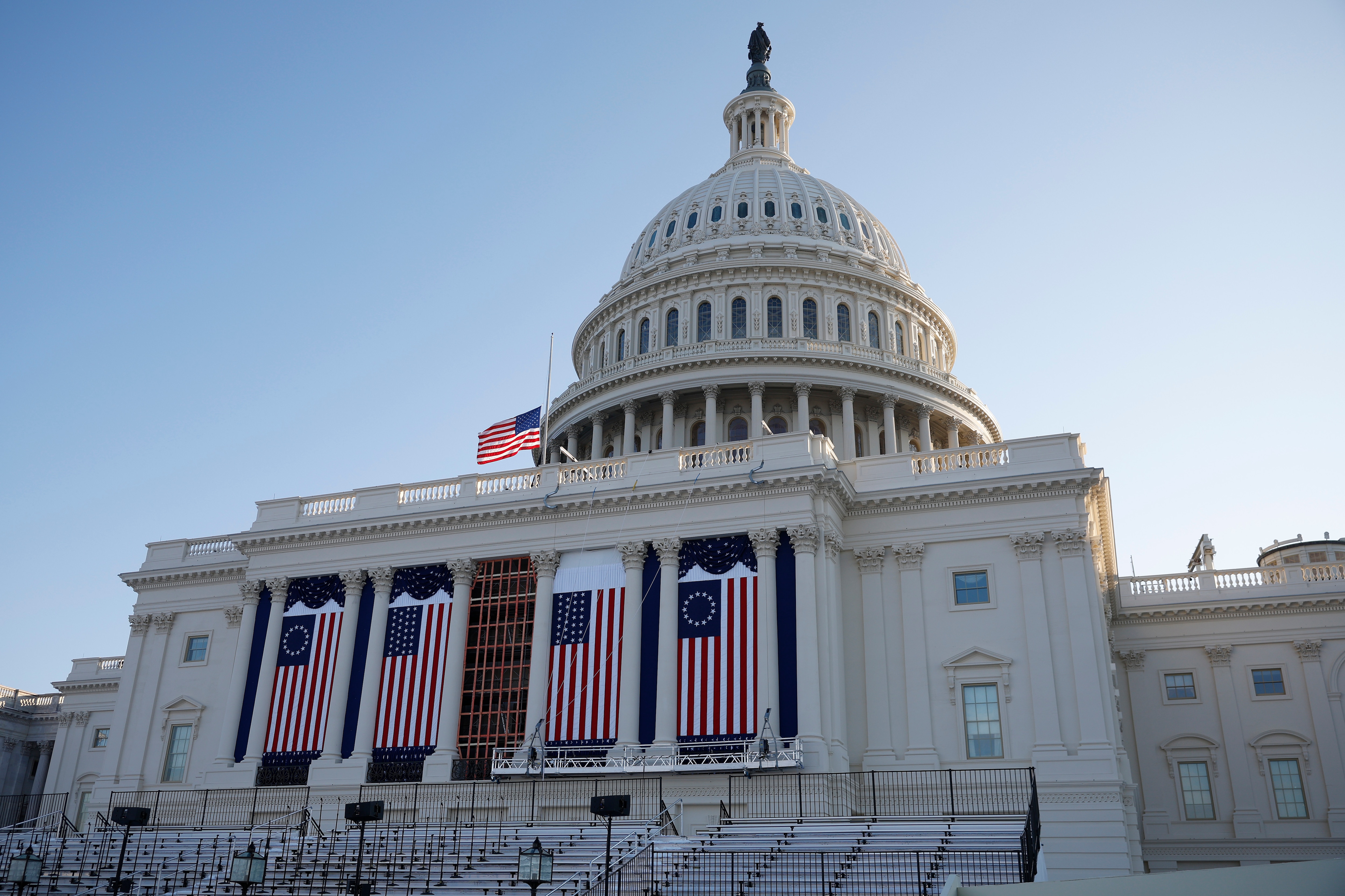 The U.S. Capitol is seen as final preparations are make during a rehearsal for inauguration on the West Front of the U.S. Capitol on January 12, 2025 in Washington, DC.