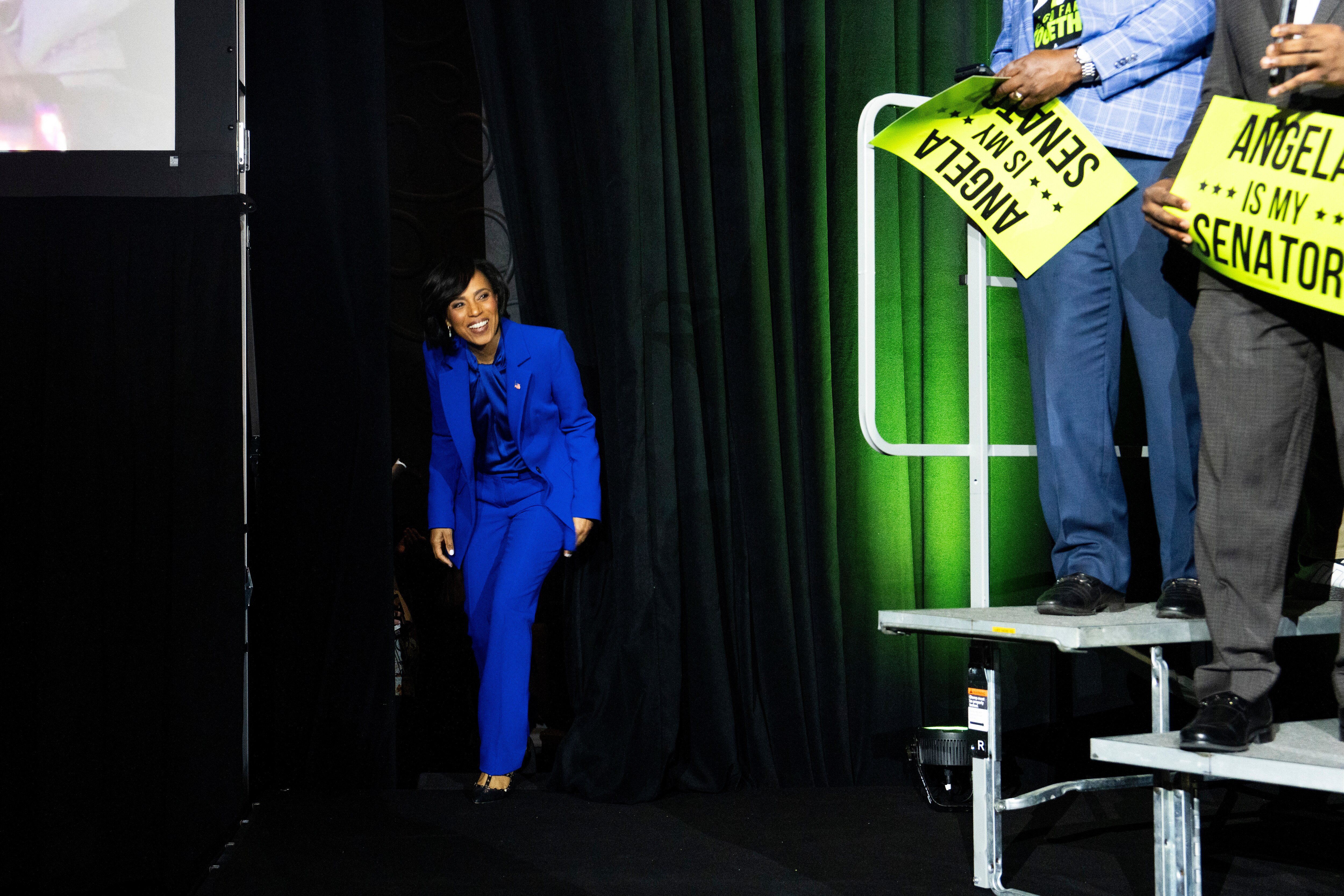 Democratic Candidate for U.S. Senate Angela Alsobrooks appears in front of the crowd on election night at The Hotel at the University of Maryland in College Park on November 5, 2024.