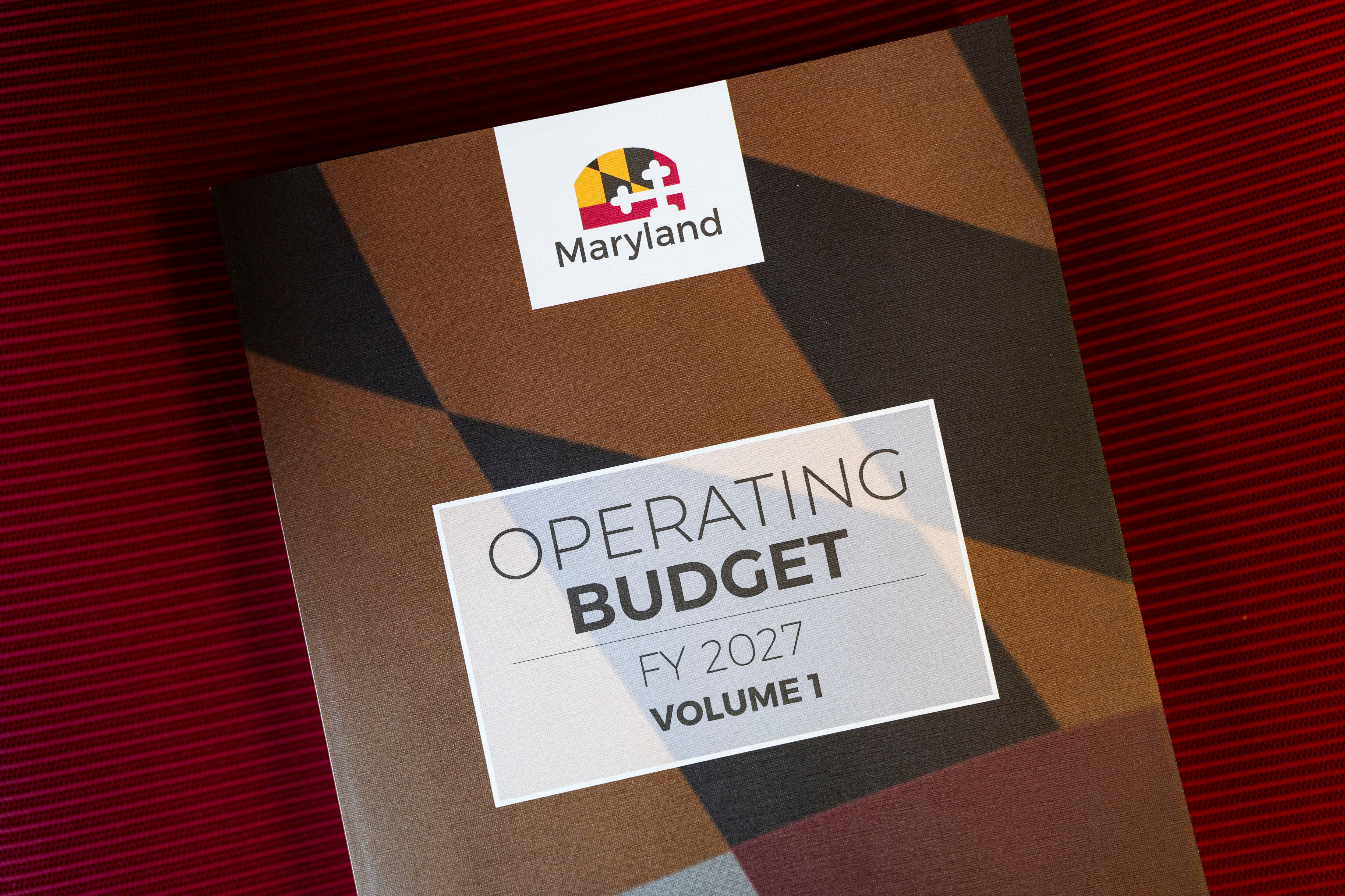 Operating Budget Volume 1 on a desk inside of the State House, in Annapolis, on Wednesday.