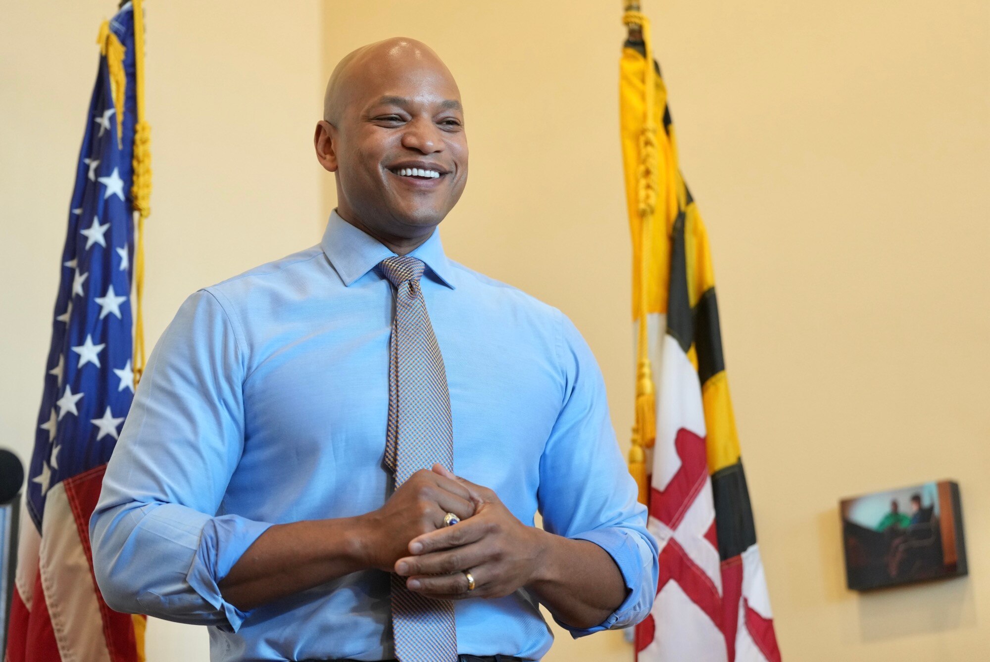 Gov. Wes Moore speaks to the press on Sine Die, the last day of the legislative session on Monday. All 10 of the bills he sent to lawmakers were approved in some fashion. (Kaitlin Newman / The Baltimore Banner)