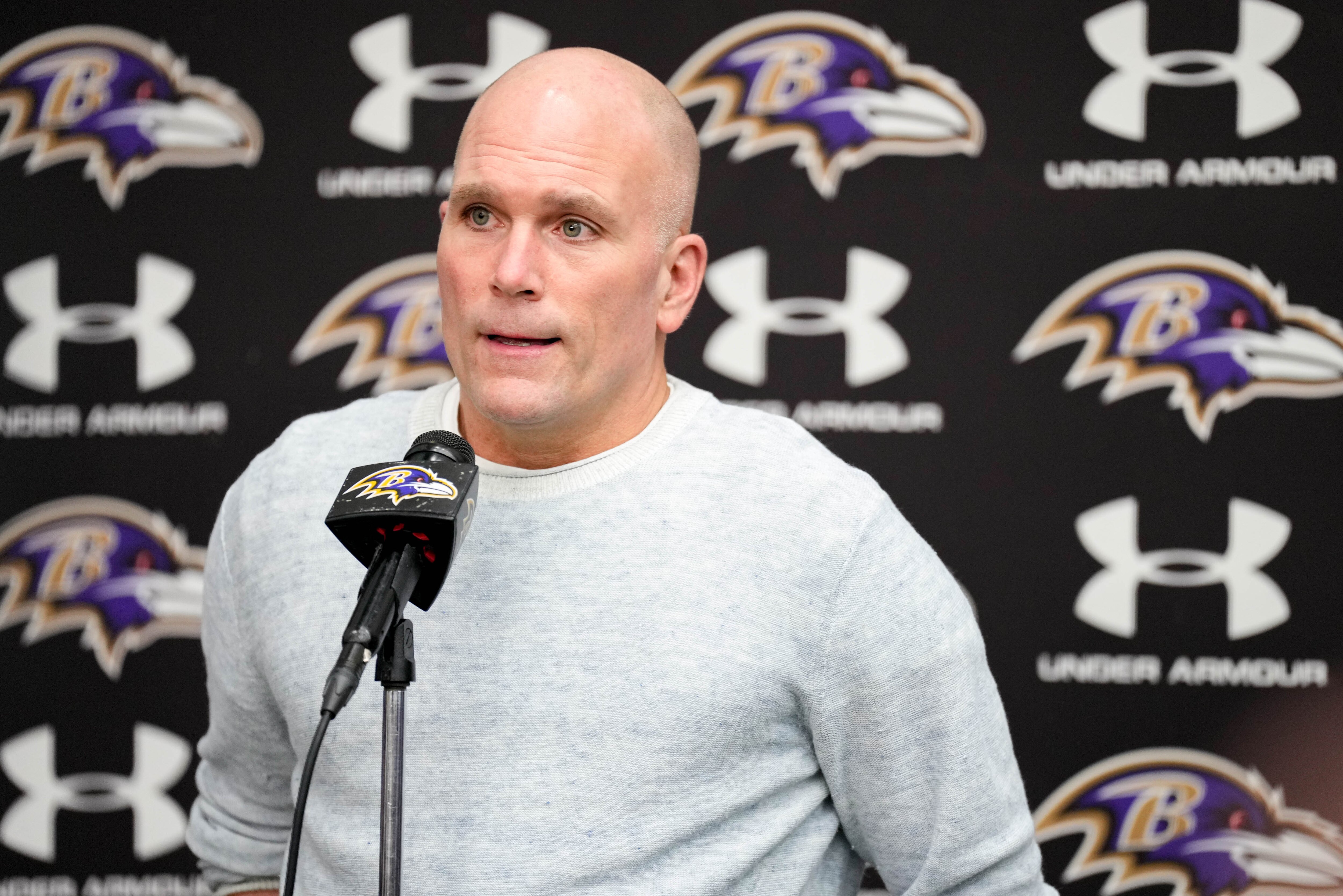Eric DeCosta, executive vice president and general manager of the Baltimore Ravens, during a news conference in Owings Mills earlier this year.