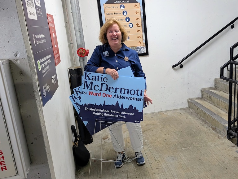 Katie McDermott, a Democratic candidate for City Council in Ward 1, was still posting campaign signs outside polling places in the Annapolis primary on the morning of Sept. 16, 2025.