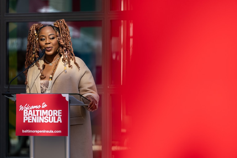 Slutty Vegan Founder Pinky Cole announces that Slutty Vegan will be opening a location at Baltimore Peninsula during a press conference on Thursday, Oct. 26, 2023.