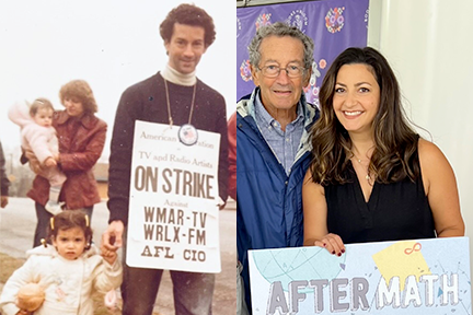 Author Emily Barth Isler is the daughter of WMAR newscaster Andy Barth. At left, she supports him on the picket line in 1982. At right, he supports her at the 2023 Books in Bloom festival.
