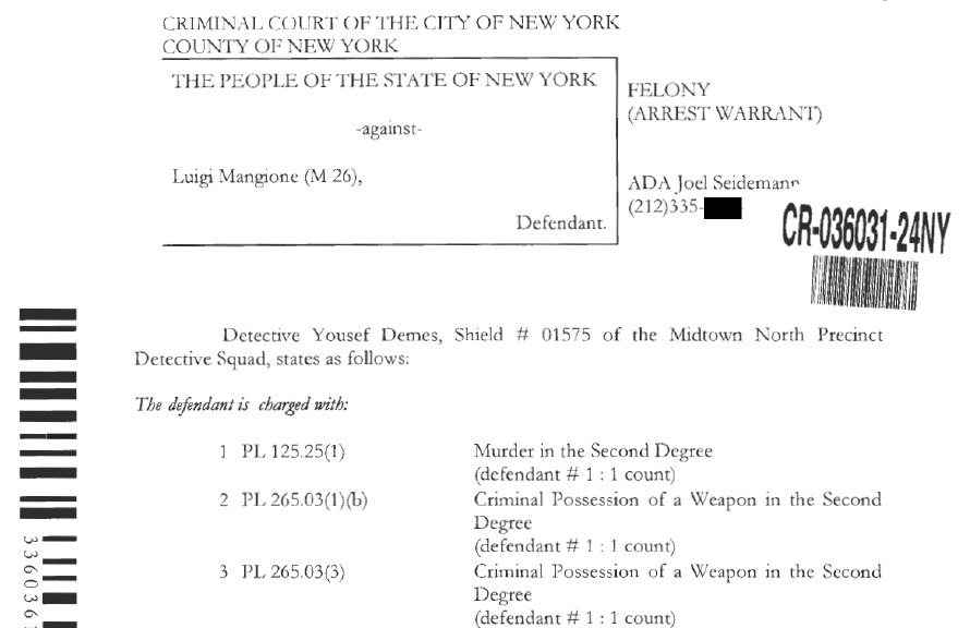 A screengrab from New York's arrest warrant for Luigi Mangione in the killing of UnitedHealthcare CEO Brian Thompson.