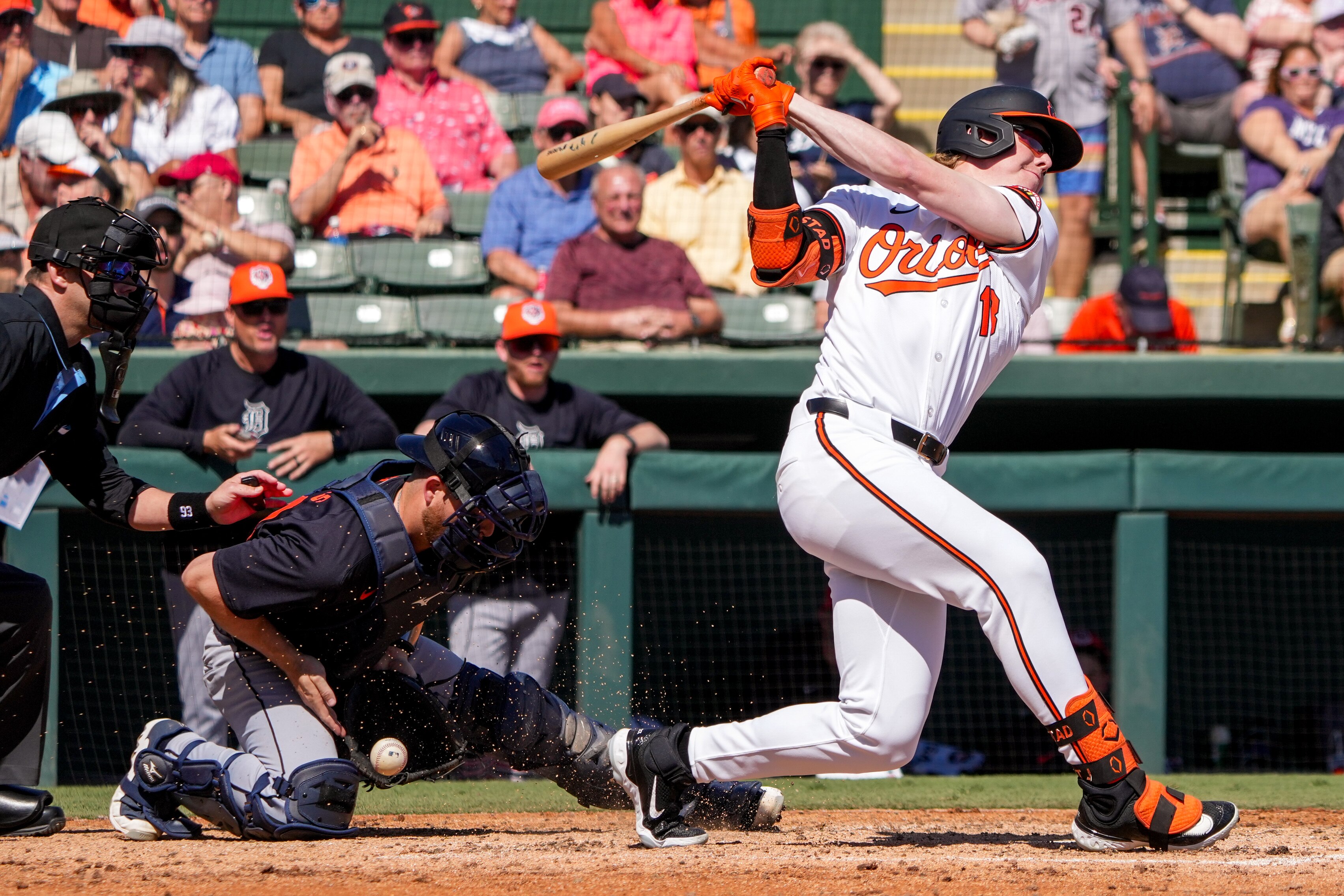 Baltimore Orioles right fielder Heston Kjerstad connects with a pitch during a Grapefruit League game against the Detroit Tigers at Ed Smith Stadium in February.