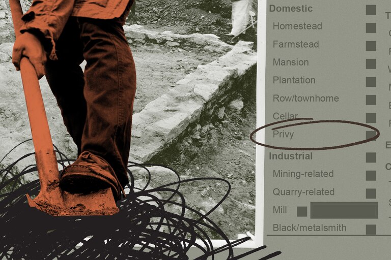 Photo collage of person digging, with photo of archaeological dig in background, and archaeological site record with list of site locations, including “privy.”