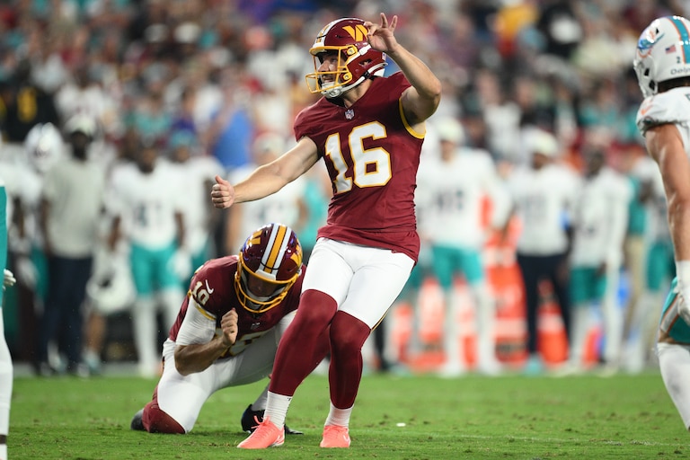 FILE - Washington Commanders kicker Jake Moody (16) in action during the first half of a preseason NFL football game against the Miami Dolphins, Aug. 14, 2026, in Landover, Md. (AP Photo/Nick Wass)