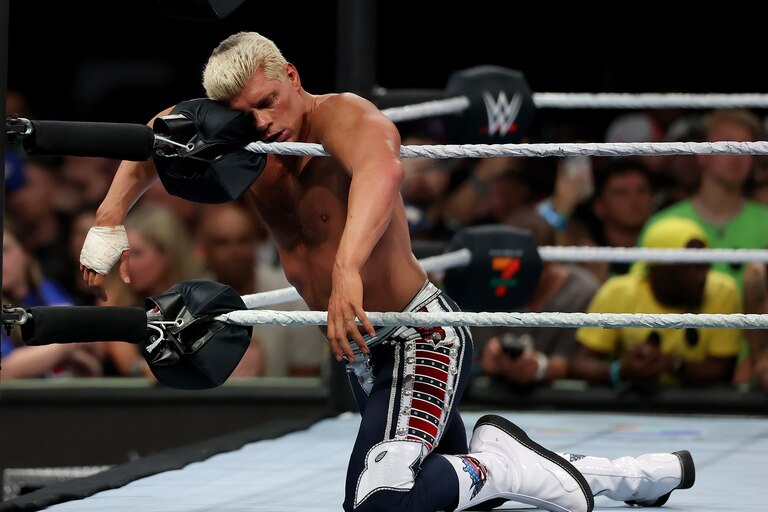 EAST RUTHERFORD, NEW JERSEY - AUGUST 03: Cody Rhodes rests against a corner during his street fight style match against John Cena during WWE 2025 SummerSlam at MetLife Stadium on August 03, 2025 in East Rutherford, New Jersey. (Photo by Elsa/Getty Images)