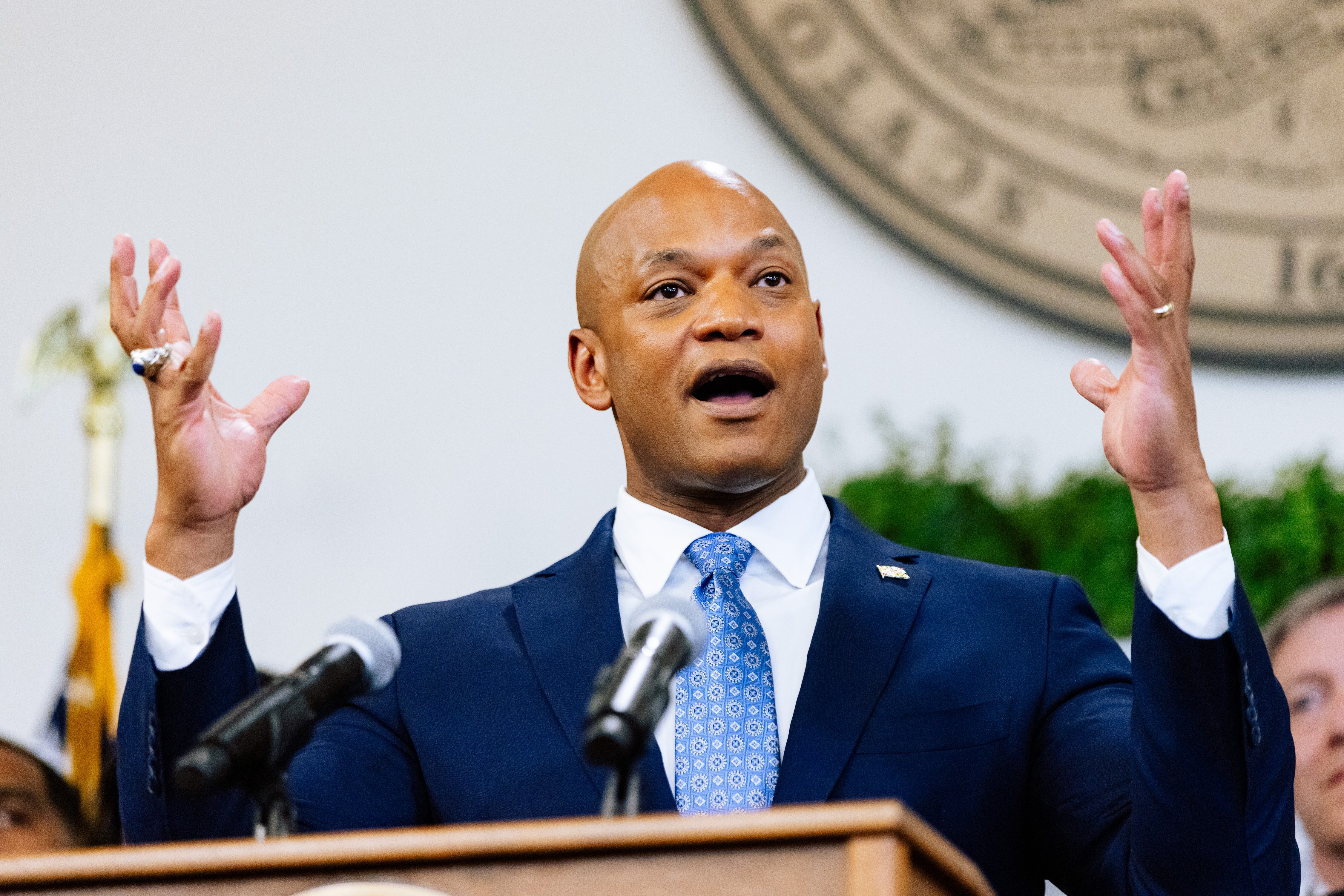 Gov. Wes Moore speaks at the State House in Annapolis, the place he travels to most frequently.
