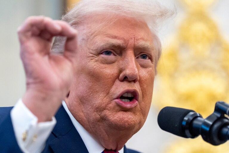 President Donald Trump speaks during a Mexican Border Defense Medal presentation in the Oval Office of the White House, Monday, Dec. 15, 2025, in Washington. (AP Photo/Alex Brandon)