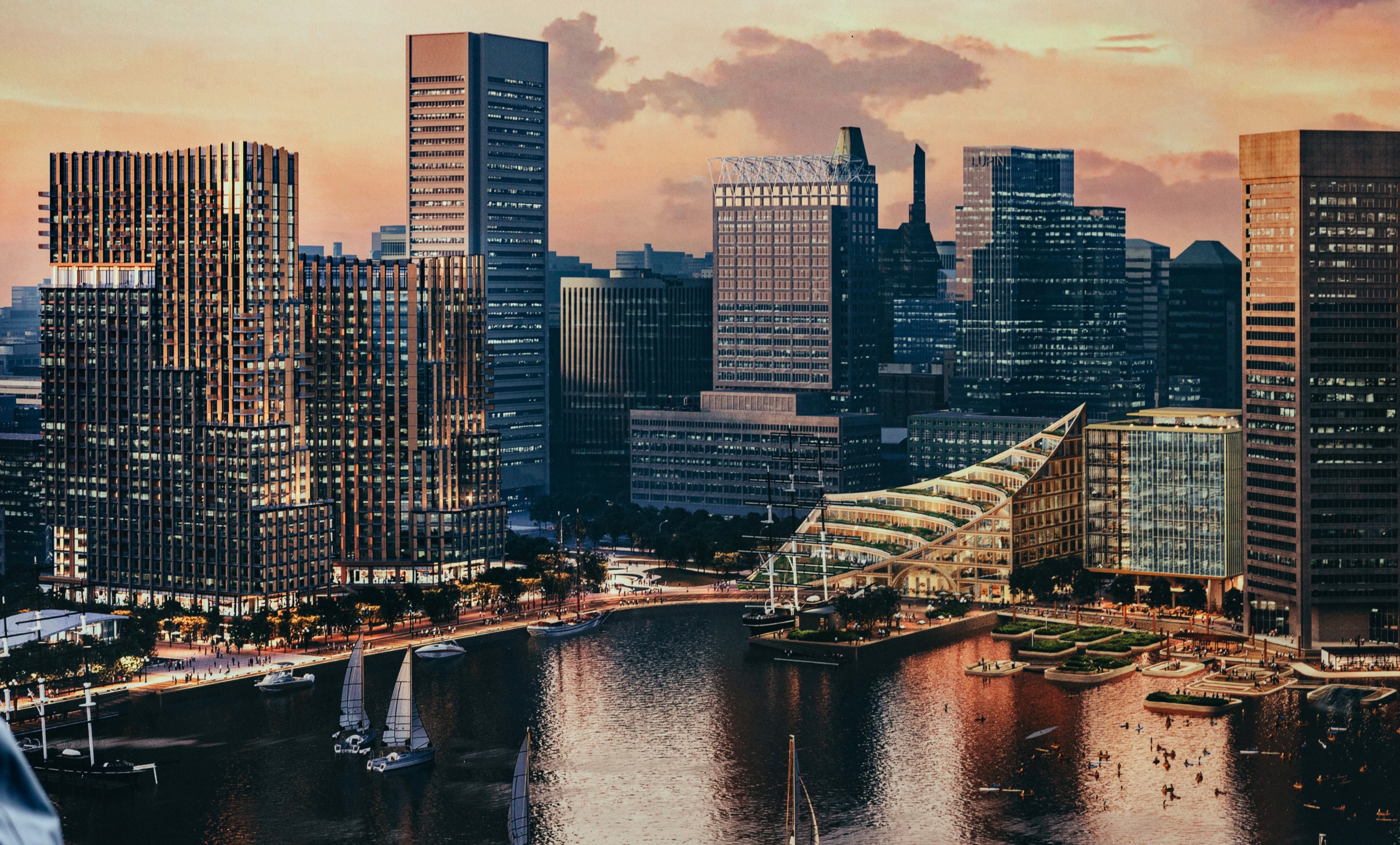 An illustration of design plans for the upcoming Harborplace development is revealed at a press conference held by MCB Real Estate, at the Light Street pavilion on Monday, Oct. 30, 2023 in Baltimore, MD.