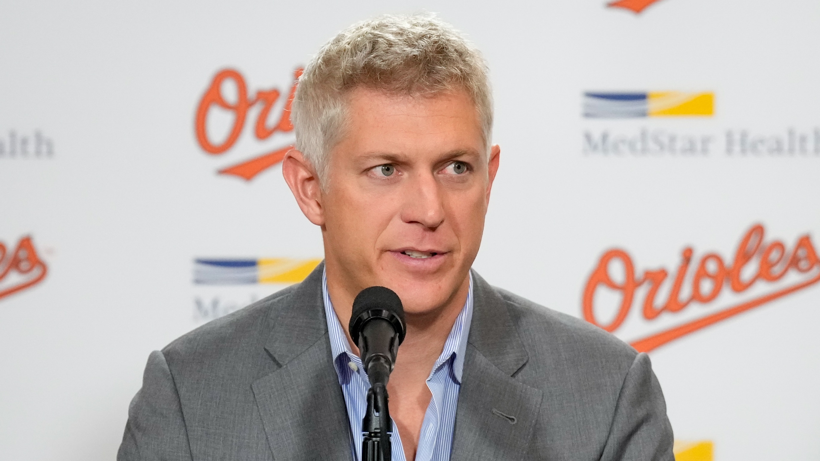 Baltimore Orioles General Manager Mike Elias takes questions from reporters during a news conference following the team’s elimination from the playoffs the previous night at Camden Yards in Baltimore on Thursday, October 3, 2024.