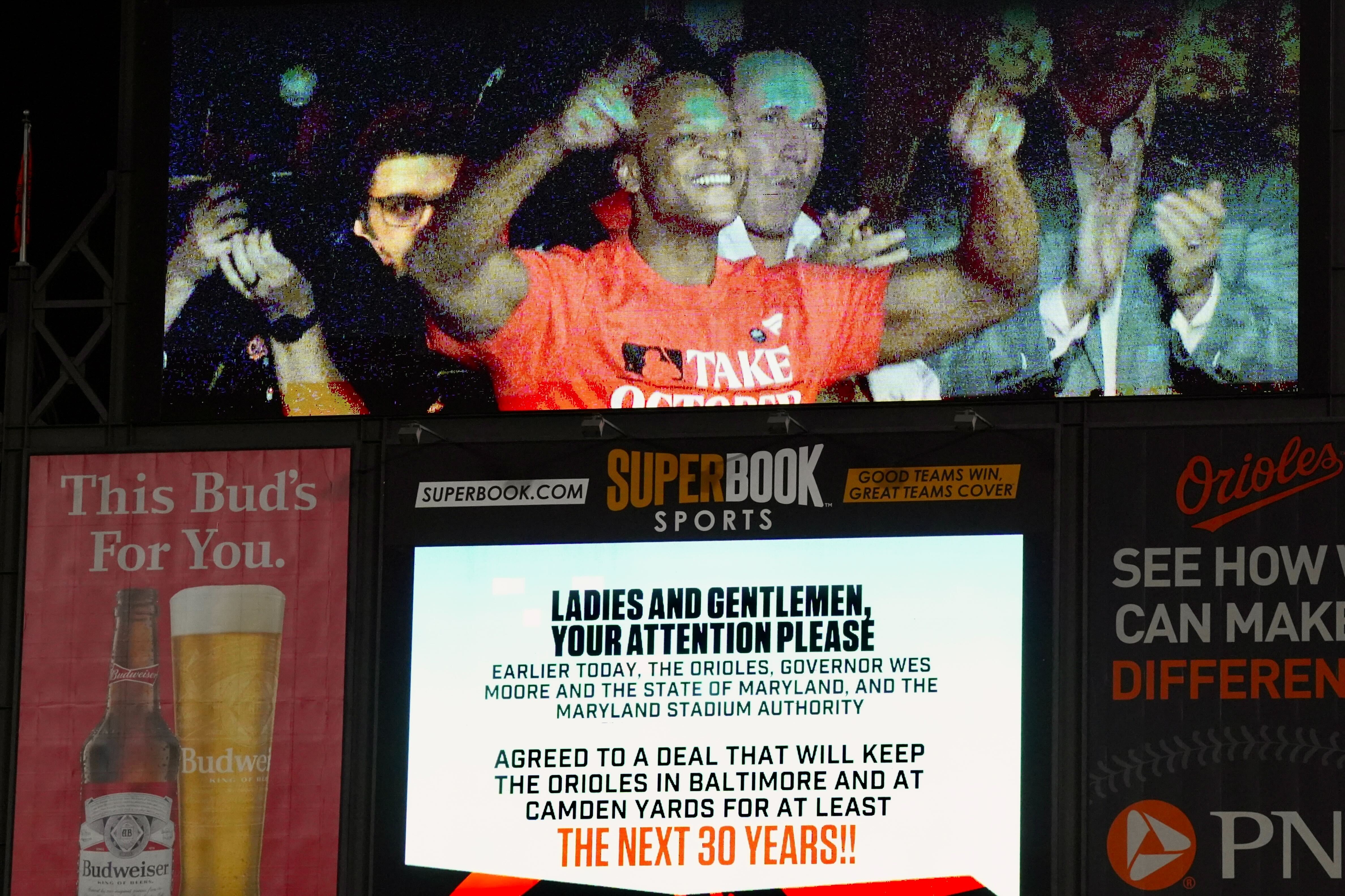 Gov. Wes Moore is shown as the Orioles announced during Thursday night's game that they agreed to a deal keeping the team in Camden Yards for at least 30 years.
