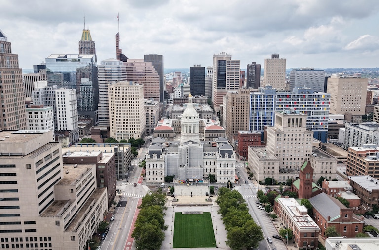 An aerial view of Baltimore City Hall in Baltimore, Md. on Saturday, July 19, 2025.