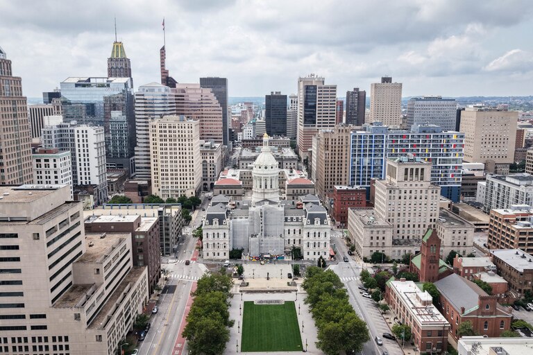 An aerial view of Baltimore City Hall in Baltimore, Md. on Saturday, July 19, 2025.