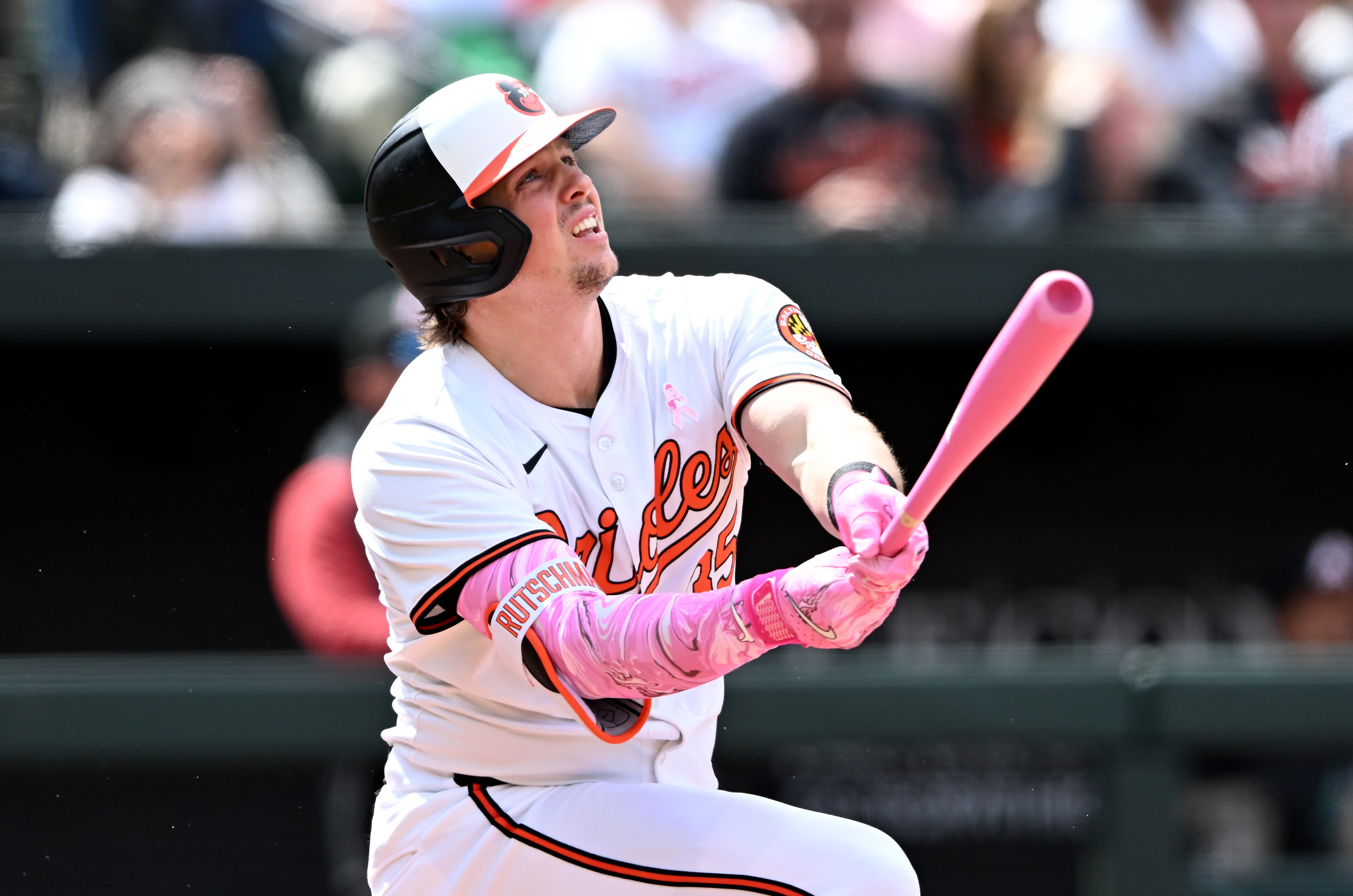 Adley Rutschman of the Orioles watches the flight of his sixth-inning home run.