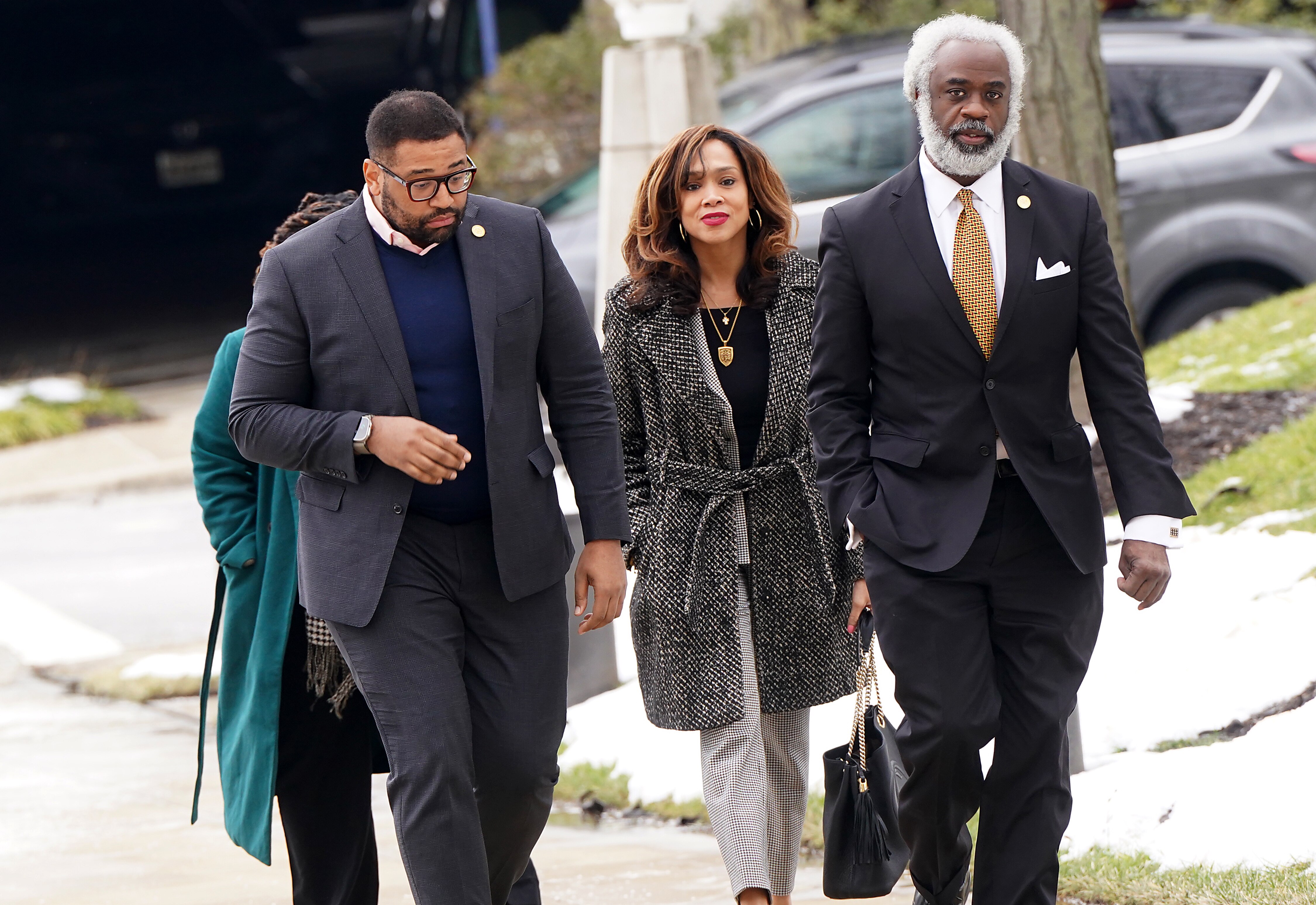 Former Baltimore State’s Attorney Marilyn Mosby, with supporters, at the federal courthouse in Greenbelt.