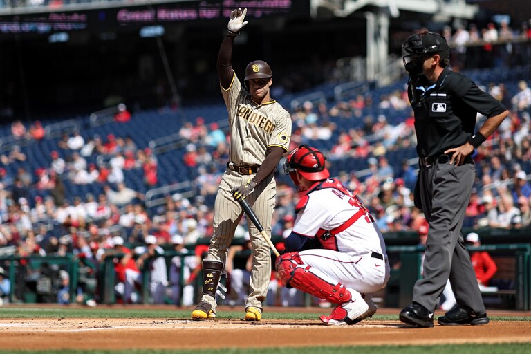 WASHINGTON, DC - MAY 25: Juan Soto #22 of the San Diego Padres acknowledges the crowd before batting against the Washington Nationals during the first inning at Nationals Park on May 25, 2023 in Washington, DC.