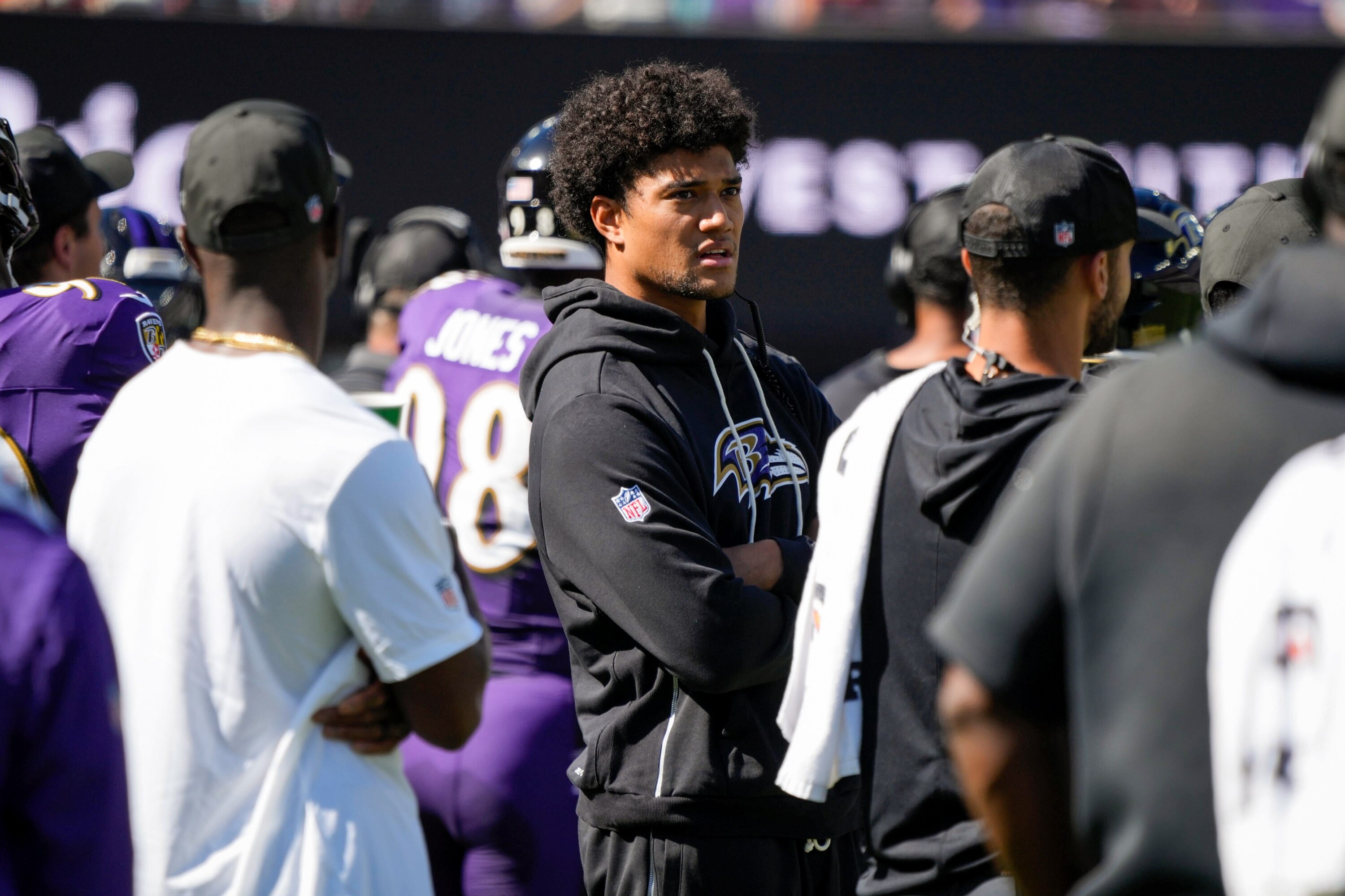 SUNDAY, OCTOBER 5, 2025 - Baltimore Ravens safety Kyle Hamilton reacts from the sideline in the second quarter of Sunday's game against the Houston Texans at M&T Bank Stadium in Baltimore.