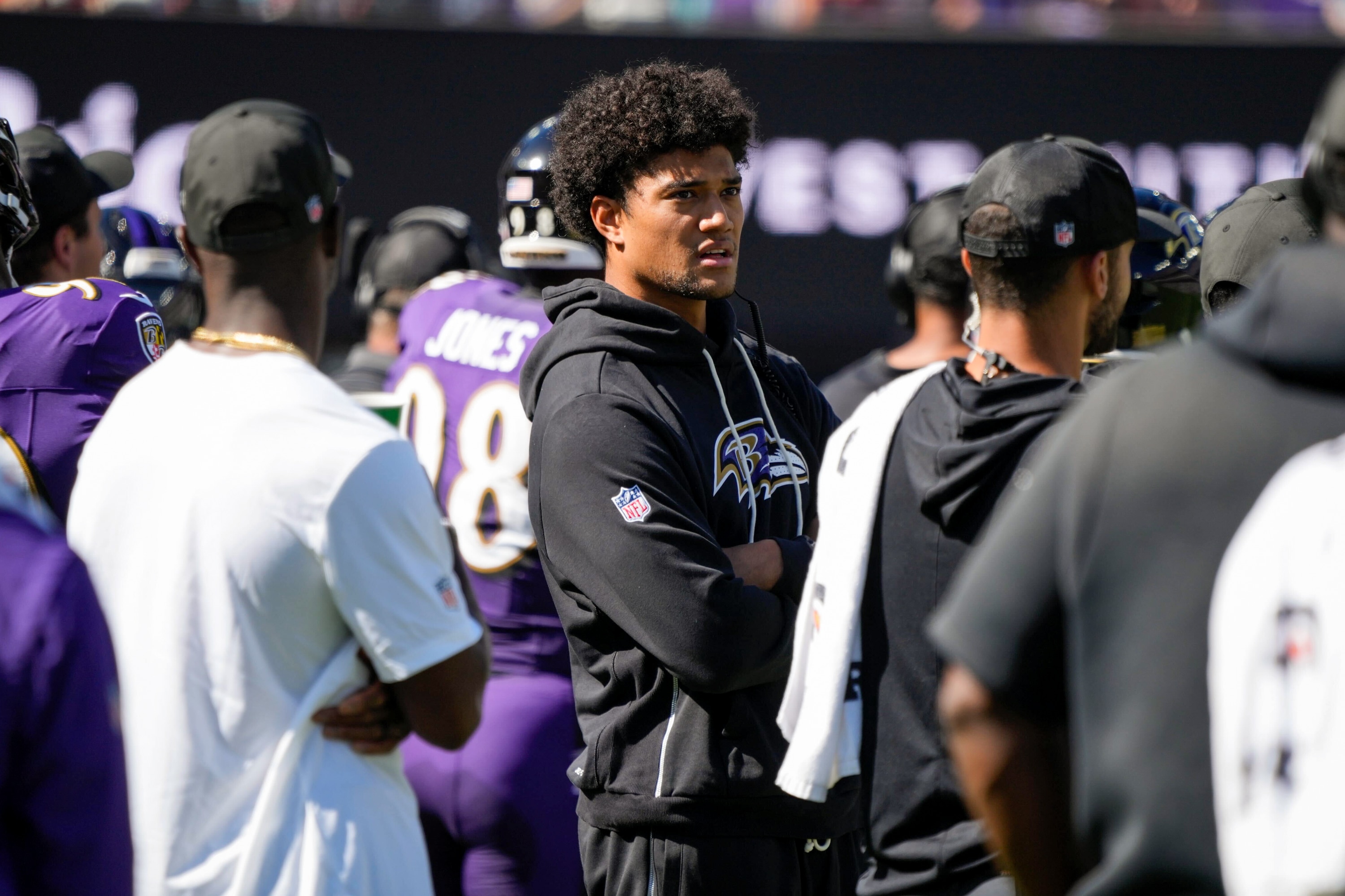 SUNDAY, OCTOBER 5, 2025 - Baltimore Ravens safety Kyle Hamilton reacts from the sideline in the second quarter of Sunday's game against the Houston Texans at M&T Bank Stadium in Baltimore.