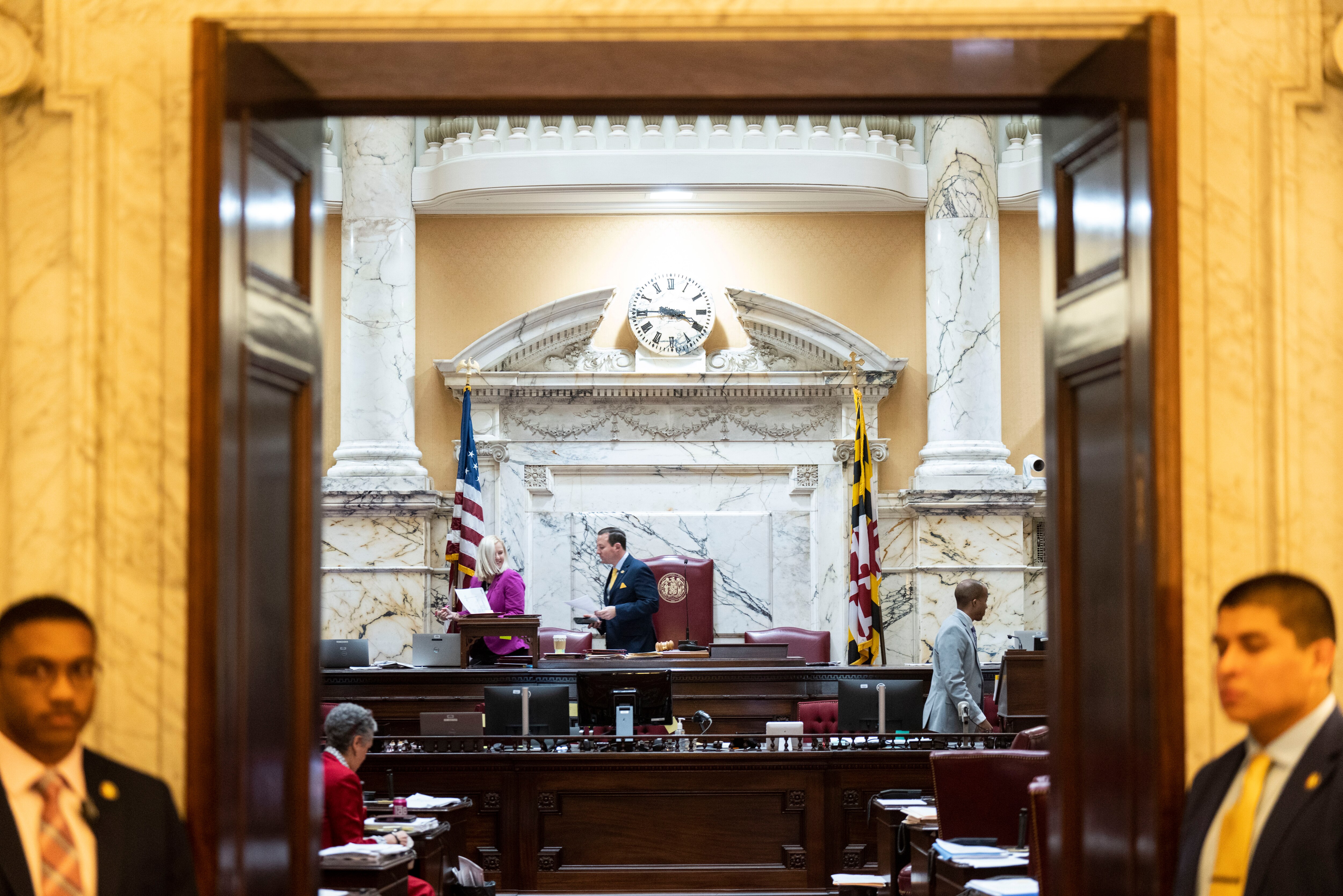 Senate President Bill Ferguson prepares for a press conference in the Senate chamber at the Maryland State House during the final day of the 2025 Maryland General Assembly session on Monday.