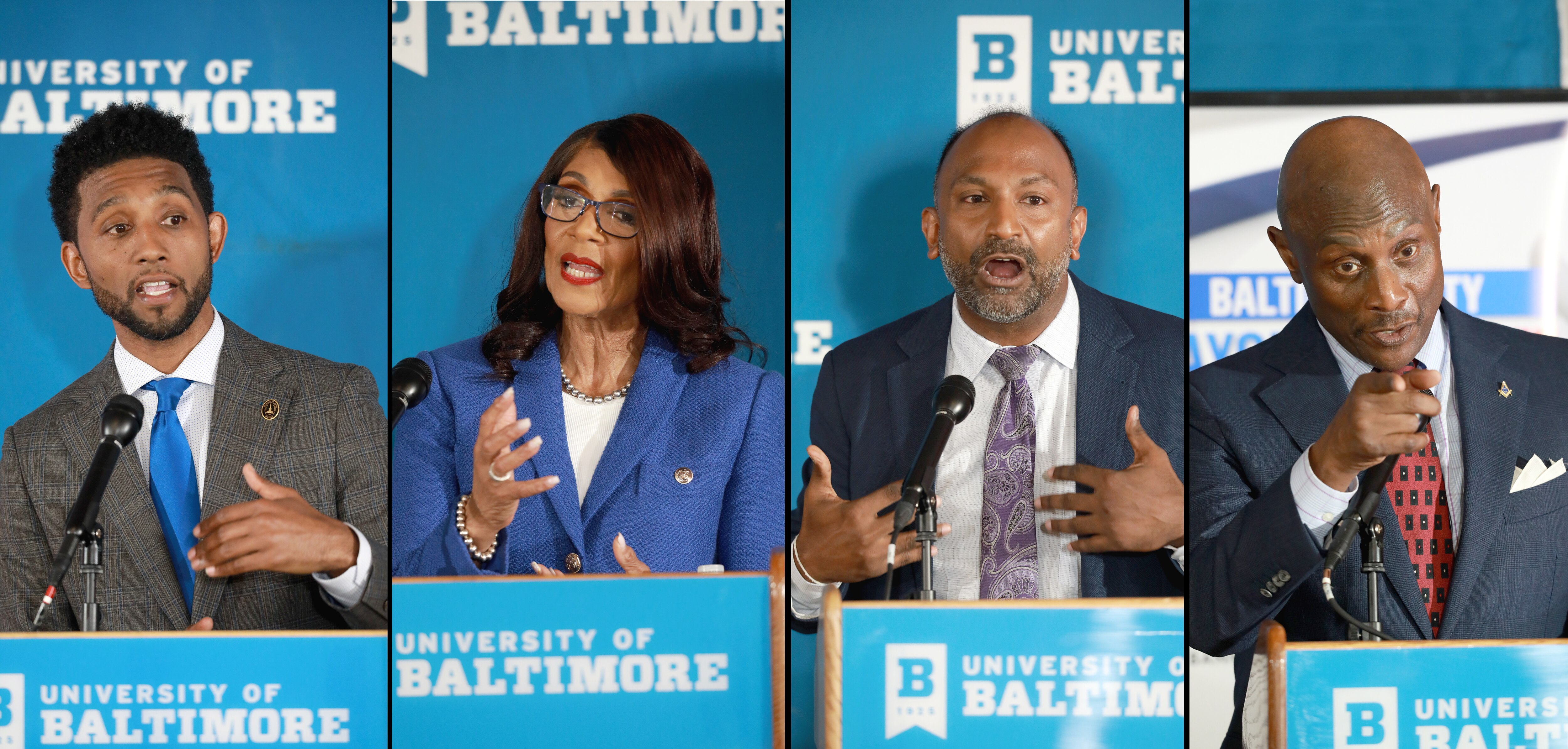 (From left to right) Mayor Brandon Scott, former Mayor Sheila Dixon, attorney Thiru Vignarajah and businessman Bob Wallace participated in the Banner/WJZ/WYPR mayoral debate at the University of Baltimore’s H. Mebane Turner Learning Commons.