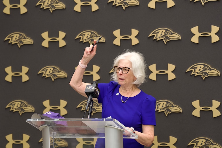 July 28, 2026 - Baltimore County Executive Kathy Klausmeier speaks at a press conference announcing news regarding the Baltimore Ravens and their presence in Baltimore County at the Owings Mills training center.