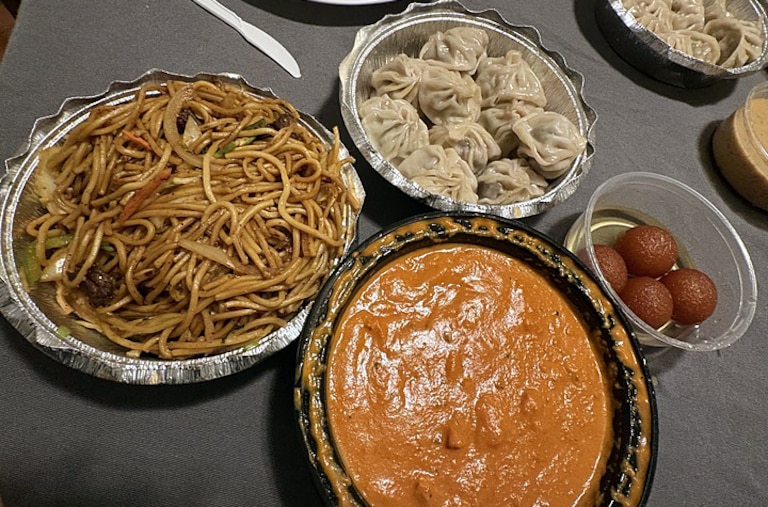 Dessert balls known as Gulab Jamun are a sweet way to finish off a meal of butter chicken in tomato sauce and lamb sekuli, which is a noodle stir-fry type of dish. The dumplings, known as momos, can be appetizers or main courses. Butter Chicken in Parkville has delicious ones.