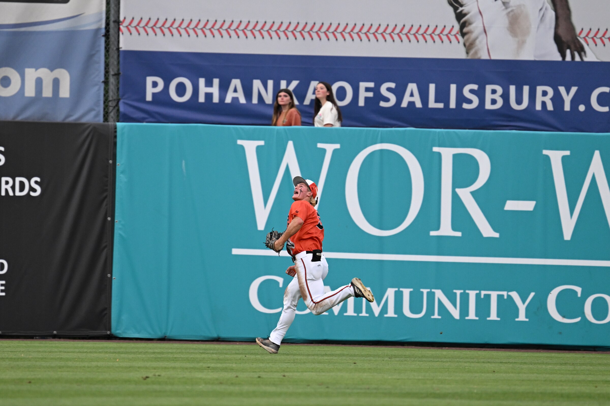 Orioles prospect Nate George tracks a fly ball in the outfield at Perdue Stadium in Salisbury, Maryland.