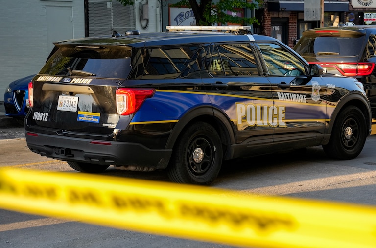 A Baltimore Police vehicle is seen in Fells Point on April 14, 2024.