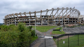 RFK Stadium, the onetime home of the Washington Commanders football team, the Washington Senators and Washington Nationals baseball teams, and the D.C. United soccer team is being torn down, Wednesday, Sept. 17, 2025, in Washington. (AP Photo/Alex Brandon)