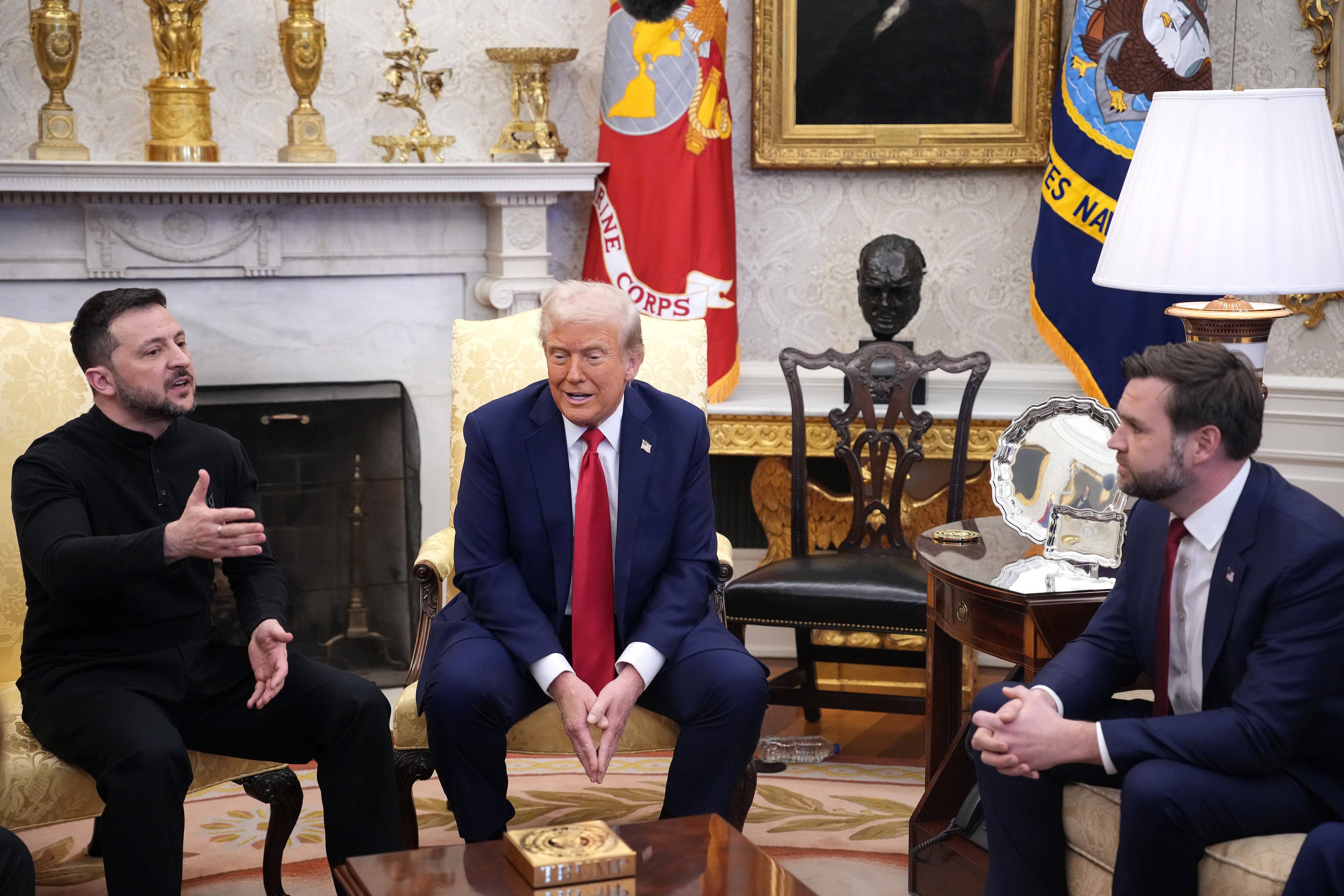 WASHINGTON, DC - FEBRUARY 28: U.S. President Donald Trump (C) and Vice President JD Vance meet with Ukrainian President Volodymyr Zelensky in the Oval Office at the White House on February 28, 2025 in Washington, DC. Trump and Zelensky are meeting today to negotiate a preliminary agreement on sharing Ukraine’s mineral resources that Trump says will allow America to recoup aid provided to Kyiv while supporting Ukraine’s economy. (Photo by Andrew Harnik/Getty Images)